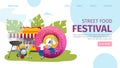 Street food festival landing page, vector illustration. Cafe service, outdoor business truck at website concept. People