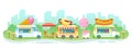 Street food festival landscape banner. Set of food trucks vector isolated illustration. Holiday city park restaurants