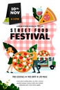 Street food festival poster, banner design template. Vector illustration. Italian food truck and couple with large pizza Royalty Free Stock Photo