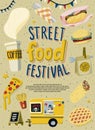 Street food festival poster template design. Hand drawn lettering and fast food in doodle style.