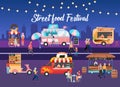 Street food festival poster vector template. City fest. Brochure, cover, booklet page concept design with flat illustrations. Meal Royalty Free Stock Photo