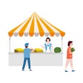 Street food fruits market talls canopy. Seller and Buyers. Vector, Illustration, Isolated, Banner, Template Cartoon flat Royalty Free Stock Photo