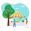 Street food fruits market talls canopy. Seller and Buyers. Vector, Illustration, Isolated, Banner, Template Cartoon flat Royalty Free Stock Photo