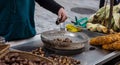Street food. Grilled sweet corn and chestnuts, Ermou street Athens, Greece Royalty Free Stock Photo