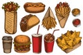 Street food hand drawn vector illustrations collection. Colored sauces, nachos, soda, gyros, burger, taco, shawarma Royalty Free Stock Photo