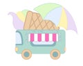 Street food ice cream truck illustration, food caravan. Ice cream van delivery. Flat icon.