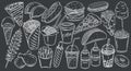 Street food icons on black chalkboard, vector monochrome outline hand drawn illustration for takeaway cafe menu design