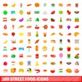 100 street food icons set, cartoon style Royalty Free Stock Photo
