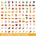 100 street food icons set, cartoon style Royalty Free Stock Photo