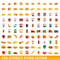 100 street food icons set, cartoon style Royalty Free Stock Photo