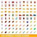 100 street food icons set, cartoon style Royalty Free Stock Photo