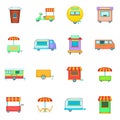 Street food kiosk vehicle icons set, cartoon style Royalty Free Stock Photo