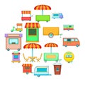 Street food kiosk vehicle icons set, cartoon style Royalty Free Stock Photo