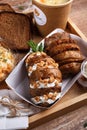 Street food. Lemon tea, salad, baked potatoes with meat, sauce and rosemary sausage rolls. Top view Royalty Free Stock Photo