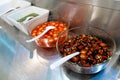 Street food market in Asia. Bowls with hot sauces of various types Royalty Free Stock Photo