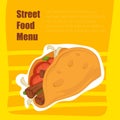 Street food menu, taco with meat and tortilla