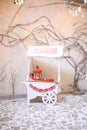Street Food Promotional counter cart outdoors on Christmas eve. Decorative vintage white wooden retro kiosk, candy bar desserts,