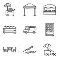 Street food retail icons set. Food market, kiosk, trolley, wheel market stall, mobile cafe, shop, tent, trade cart