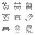 Street food retail icons set. Food market, kiosk, trolley, wheel market stall, mobile cafe, shop, tent, trade cart