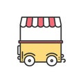 Street food retail thin line icon. Food trolley, truck, kiosk, wheel market stall, mobile cafe, shop, trade cart. Vector