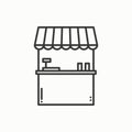 Street food retail thin line icons set. Food kiosk, market stall, mobile cafe, shop, trade cart. Vector style linear