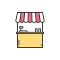 Street food retail thin line icons set. Food kiosk, market stall, mobile cafe, shop, trade cart. Vector style linear
