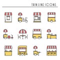 Street food retail thin line icons set. Food truck, kiosk, trolley, wheel market stall, mobile cafe, shop, tent, trade