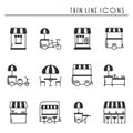 Street food retail thin line icons set. Food truck, kiosk, trolley, wheel market stall, mobile cafe, shop, tent, trade Royalty Free Stock Photo