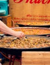 Street Food. Selection Of Curry In Large Karahi Pans.