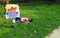 Street food seller sleeping on grass