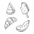 Street food set vector illustration, hand drawing doodle. Croissant, ice cream and watermelon slice