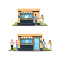 Street food shop with customers semi flat RGB color vector illustrations set Royalty Free Stock Photo