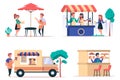 Street food shop isolated elements set. Bundle of cafe with waiters, sale of coffee in kiosk and car, bakery shop, people buy