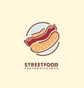 Street food stand logo design idea with juicy hot dog