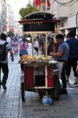 Street food on the streets of Istanbul. Kiosk selling corn and roasted chestnuts.