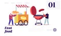 Street Food, Takeaway Junk Meals from Wheeled Food Truck Landing Page Template. Male Friend Characters Eating Streetfood