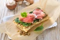 Baked baguette with Spanish ham and spinach Royalty Free Stock Photo
