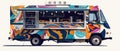 Street food truck with awning, striped tent. Flat illustration isolated on white background. Lettering signboard Royalty Free Stock Photo