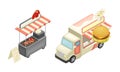 Street food truck and cart set. Barbeque and burgers selling. Cafe or restaurant on wheels vector illustration