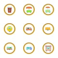 Street food truck icons set, cartoon style Royalty Free Stock Photo