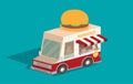 Street food truck vector illustration, food caravan. Burger van delivery. Flat icon isometric