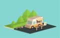 Street food truck vector illustration, food caravan. Burger van delivery. Flat icon isometric