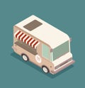 Street food truck vector illustration, food caravan. Burger van delivery. Flat icon isometric