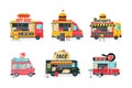 Street food trucks set. Hot dog, hamburger, bbq, taco, ice cream van cars cartoon vector illustration Royalty Free Stock Photo