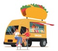 Street Food, Van Cafe Concept. Young People Enjoying Hot Dogs in Outdoor Summer Bistro. People Eating Fast Food Royalty Free Stock Photo