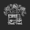 Street food van logo template. Hand drawn vector truck with fast food illustration on chalk board. Engraved style burrito truck