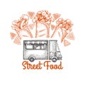 Street food van logo template. Hand drawn vector truck with fast food illustration. Engraved style burrito truck retro design