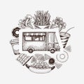 Street Food Van Logo Template. Hand Drawn Vector Truck With Fast Food Illustration. Engraved Style Retro Design