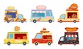 Street Food Vans Selling Pizza and Burgers Vector Set