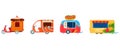 Street food vehicles, truck, vans, pushcart and counters with tent set of vector illustrations. Fast food cars with Royalty Free Stock Photo